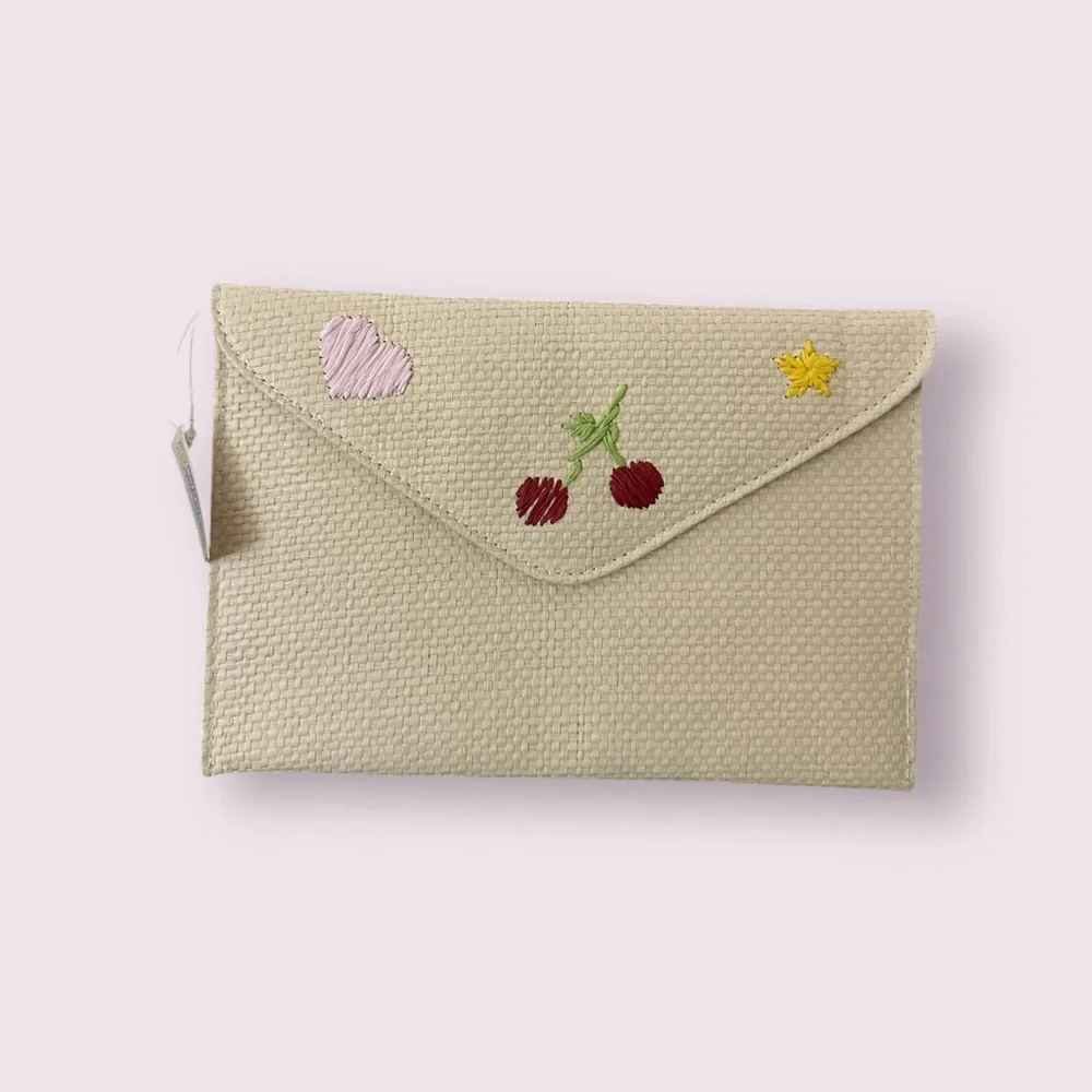 Color Play Straw Clutch with Embroidered  Cherry, Heart &‎ Straw Accents New
